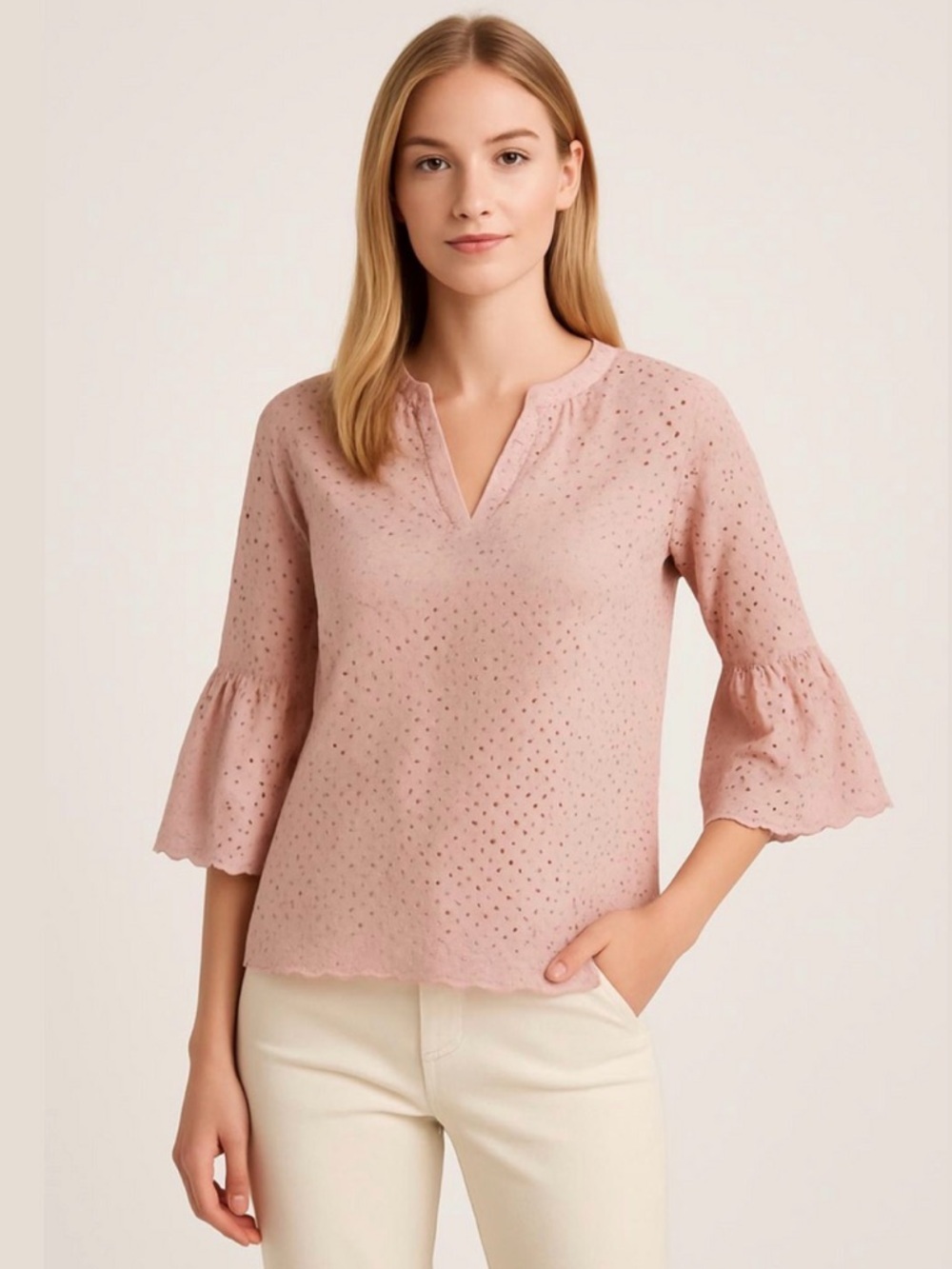 Velvet Graham&Spencer pink eyelet lace bell sleeve blouse XS Romantic Feminine